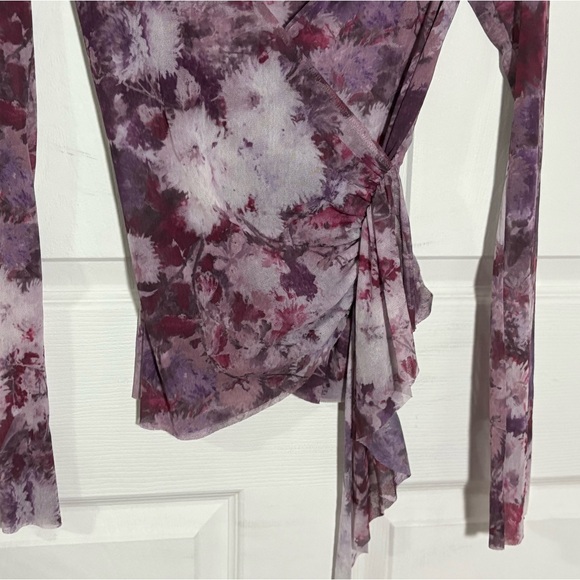 Sweet Pea Babydoll Top Women’s M V-Neck Purple Mesh Floral Faux Wrap Vintage Y2K - Picture 4 of 8